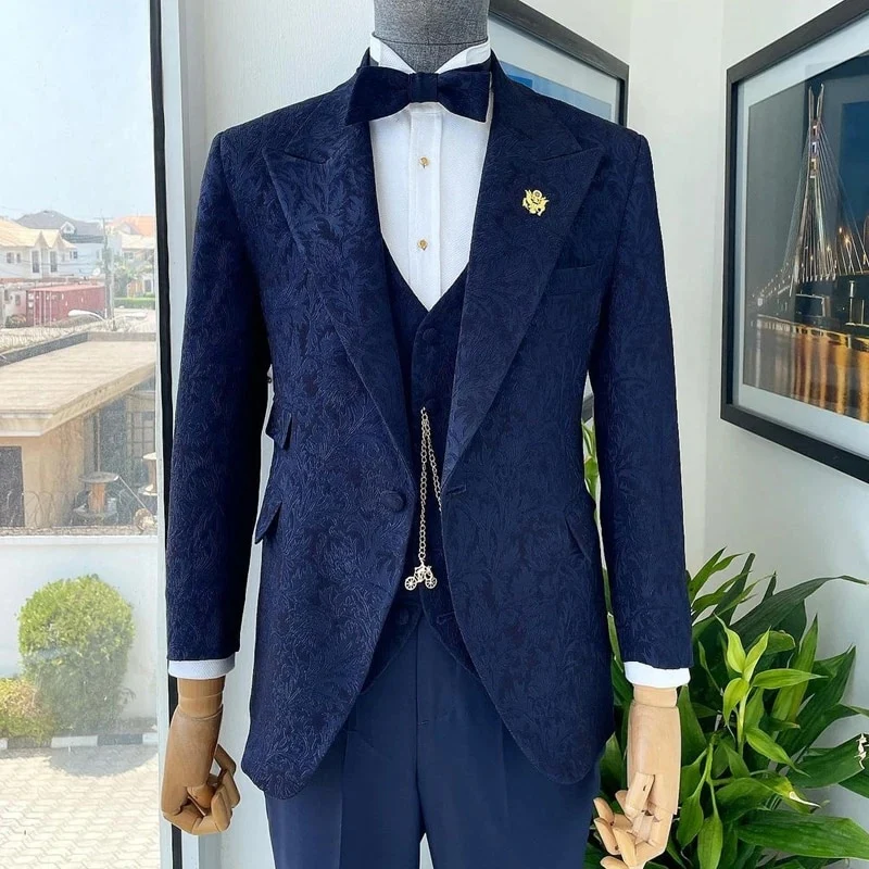 Jacquard Floral Tuxedo Suits for Men Wedding Slim Fit Navy Blue and Gold Gentleman Jacket with Vest Pant 3 Piece Male Costume - Image 7
