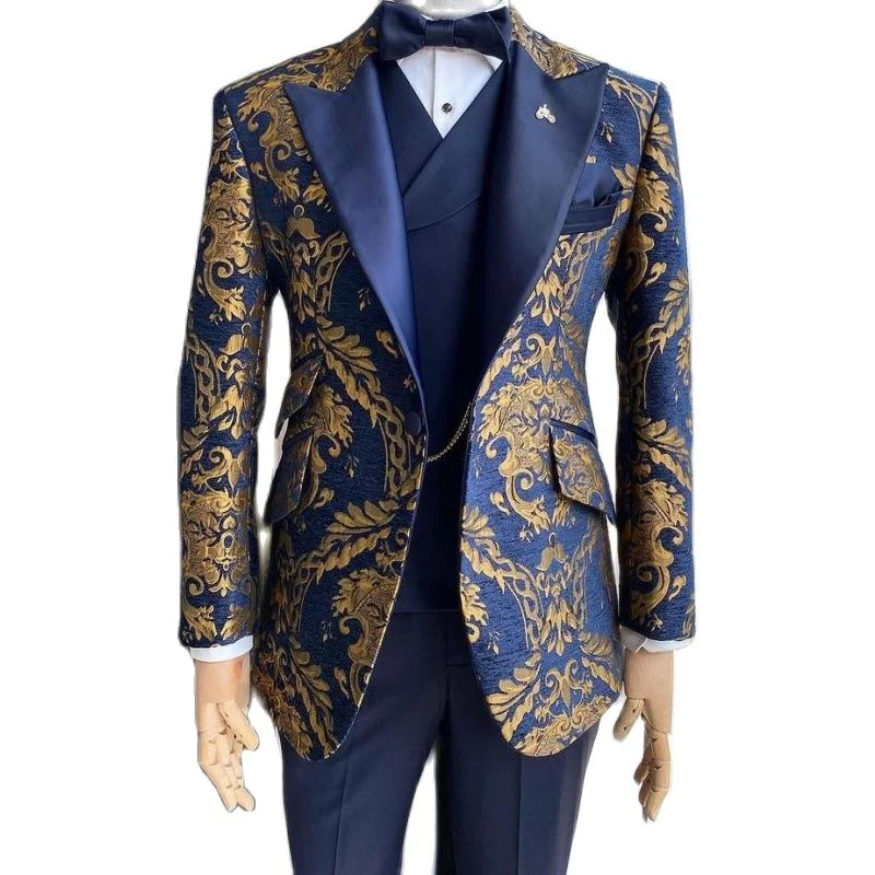 Jacquard Floral Tuxedo Suits for Men Wedding Slim Fit Navy Blue and Gold Gentleman Jacket with Vest Pant 3 Piece Male Costume - Image 9
