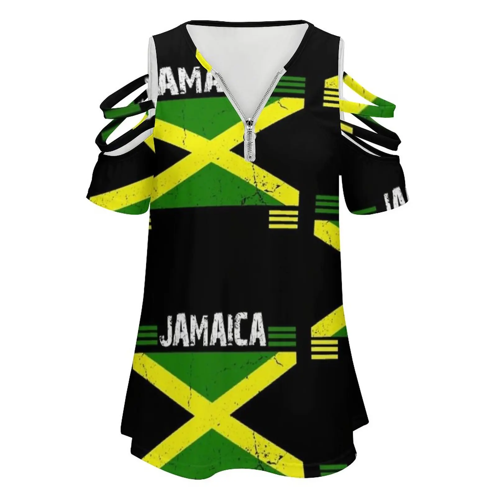 Jamaica Ensign , Jamaika Flag , Reggae , Rasta , Colors New Fashion Zip Off Shoulder Top Short-Sleeve Women Shirt Reggae - Image 2