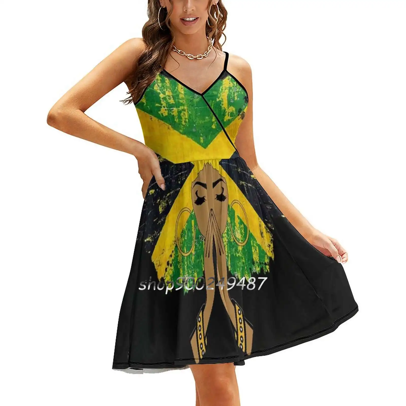 Jamaican Flag Black Woman Melanin Queen Afro Square Neck Dress Sweet Summer Dress Women Elegant Halter Print Dress Jamaica - Image 6