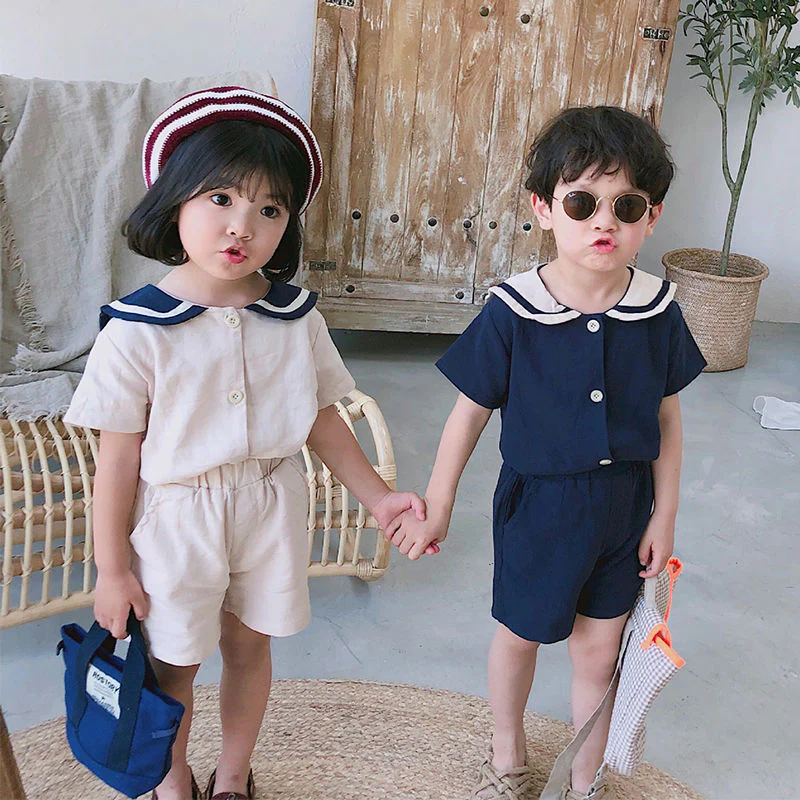 Japanese and Korean Bear Mood Navy Style Kids Sailor Collar Cotton Linen T Shirt + Pants 2pcs Summer Clothes Set Boys Girls Suit - Image 6