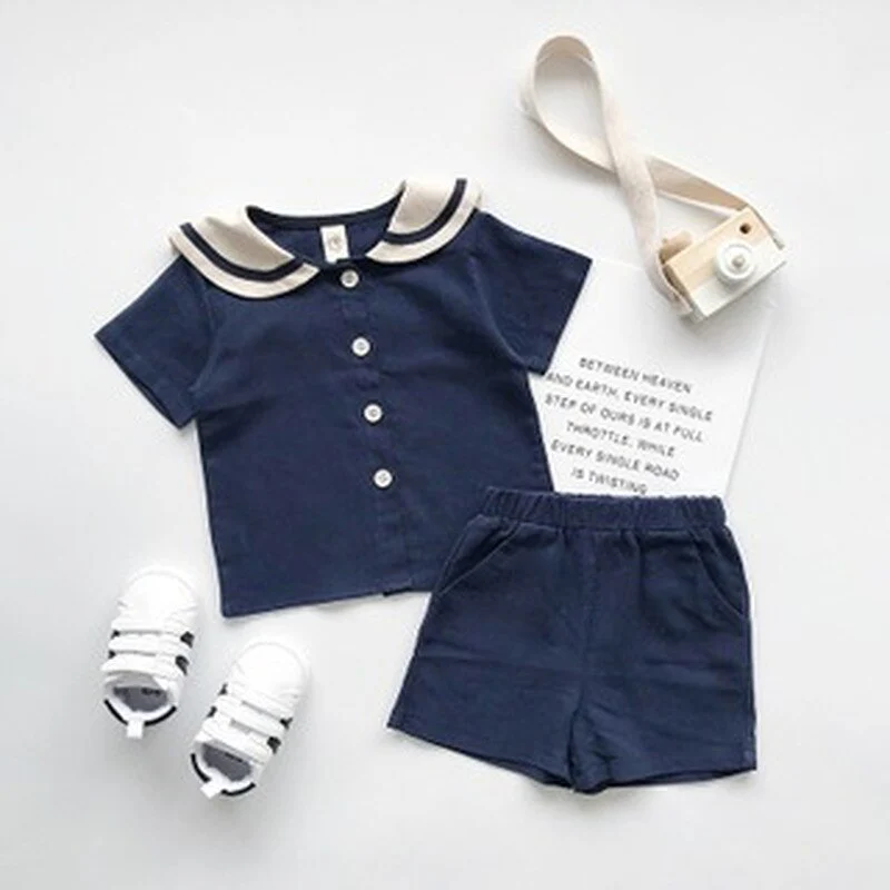 Japanese and Korean Bear Mood Navy Style Kids Sailor Collar Cotton Linen T Shirt + Pants 2pcs Summer Clothes Set Boys Girls Suit - Image 8