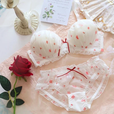 Japanese Kawaii Girl Bras Set Sweet Pink White Strawberry Cute Lace Underwear Bra and Panty Plus Size 70 75 80 85 90 A B C D Cup - Image 11