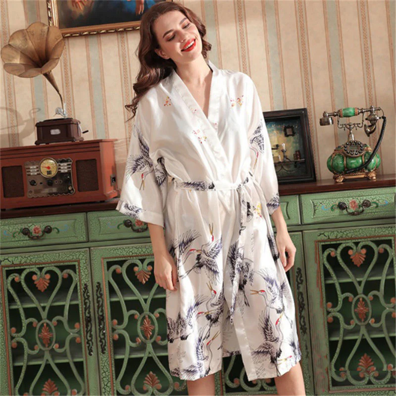 Japanese Style Long Loose Satin Peacock Woman Yukata Dress Pajamas Oriental Crane Kimono Haori Chinese Qipao Nightgown Robe - Image 11