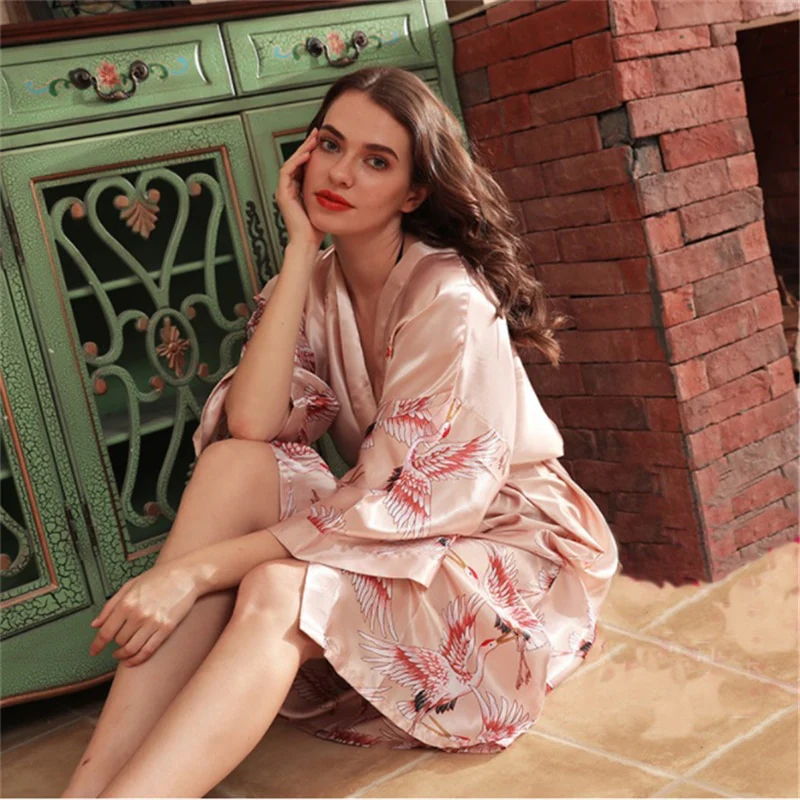 Japanese Style Long Loose Satin Peacock Woman Yukata Dress Pajamas Oriental Crane Kimono Haori Chinese Qipao Nightgown Robe - Image 14