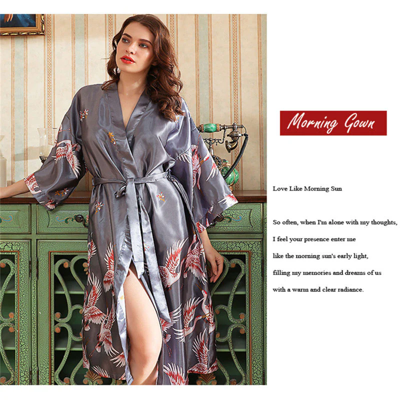 Japanese Style Long Loose Satin Peacock Woman Yukata Dress Pajamas Oriental Crane Kimono Haori Chinese Qipao Nightgown Robe - Image 3