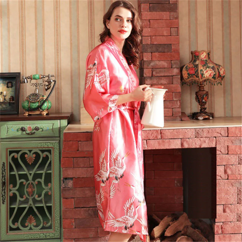 Japanese Style Long Loose Satin Peacock Woman Yukata Dress Pajamas Oriental Crane Kimono Haori Chinese Qipao Nightgown Robe - Image 5