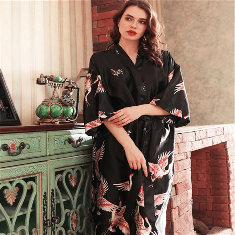 Japanese Style Long Loose Satin Peacock Woman Yukata Dress Pajamas Oriental Crane Kimono Haori Chinese Qipao Nightgown Robe - Image 7