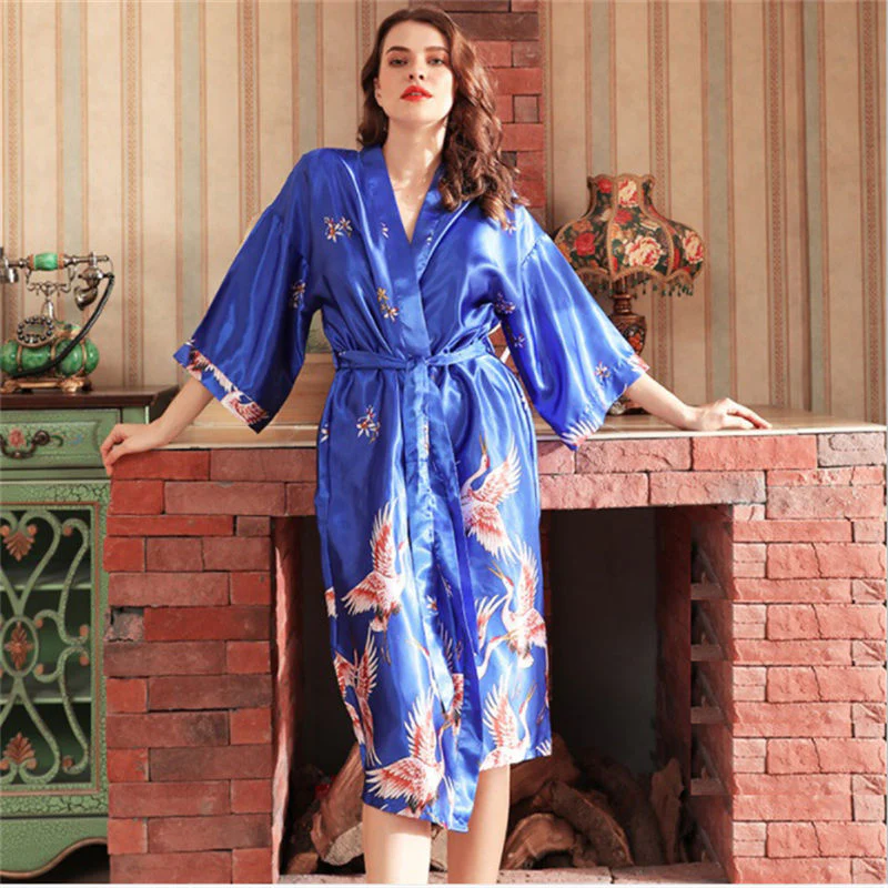 Japanese Style Long Loose Satin Peacock Woman Yukata Dress Pajamas Oriental Crane Kimono Haori Chinese Qipao Nightgown Robe - Image 8