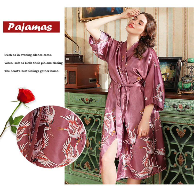 Japanese Style Long Loose Satin Peacock Woman Yukata Dress Pajamas Oriental Crane Kimono Haori Chinese Qipao Nightgown Robe - Image 9