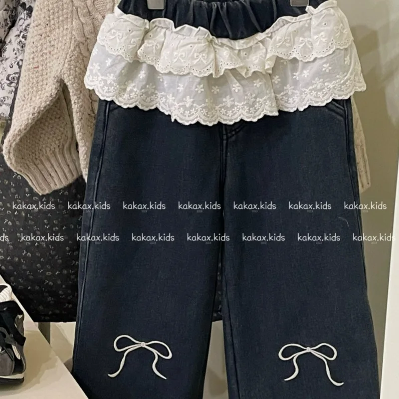 Jeans 2024 Girls Autumn Winter New Korean Lace Waist Bow Velvet Jeans Tide Teenage Girls Clothing Girls Pants - Image 12