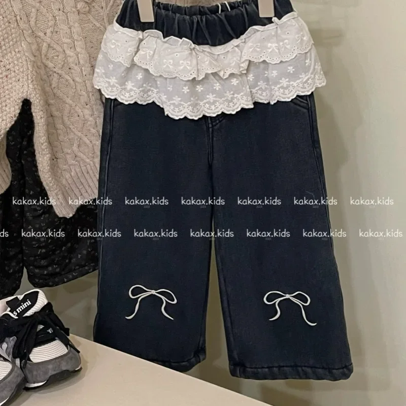 Jeans 2024 Girls Autumn Winter New Korean Lace Waist Bow Velvet Jeans Tide Teenage Girls Clothing Girls Pants - Image 2