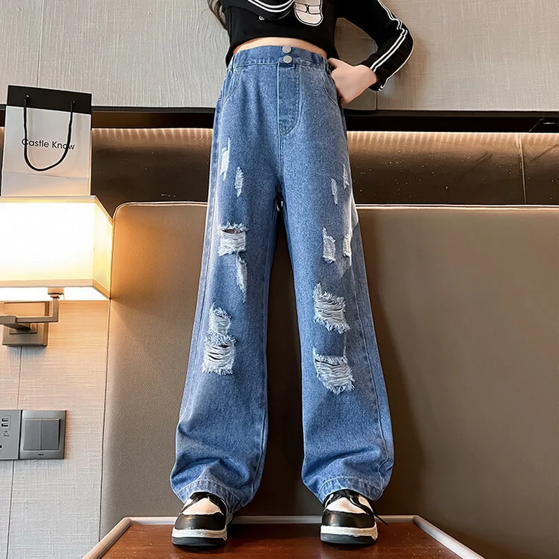 Jeans for Girls 2024 New Fashion Cartoon Printed Long Denim Trousers Teens Kids Cute Dog Pattern Wide Leg Pants 5 7 9 11 13 14Y - Image 18
