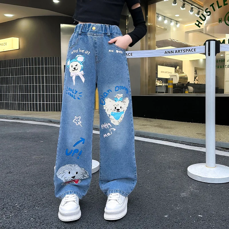 Jeans for Girls 2024 New Fashion Cartoon Printed Long Denim Trousers Teens Kids Cute Dog Pattern Wide Leg Pants 5 7 9 11 13 14Y - Image 22