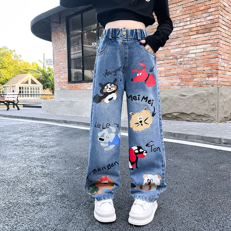 Jeans for Girls 2024 New Fashion Cartoon Printed Long Denim Trousers Teens Kids Cute Dog Pattern Wide Leg Pants 5 7 9 11 13 14Y - Image 23