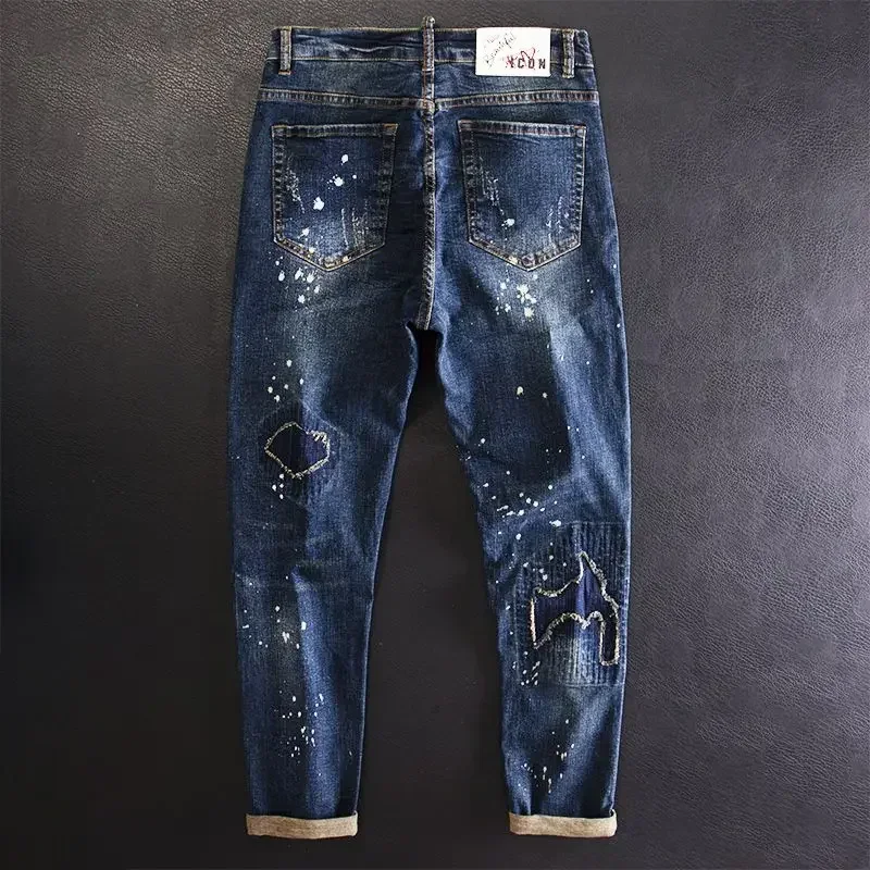 Jeans for Men Stretch Trousers Slim Fit Skinny Ripped Male Cowboy Pants Elastic Patch Broken with Holes Tight Pipe Torn Retro Xs - Image 3