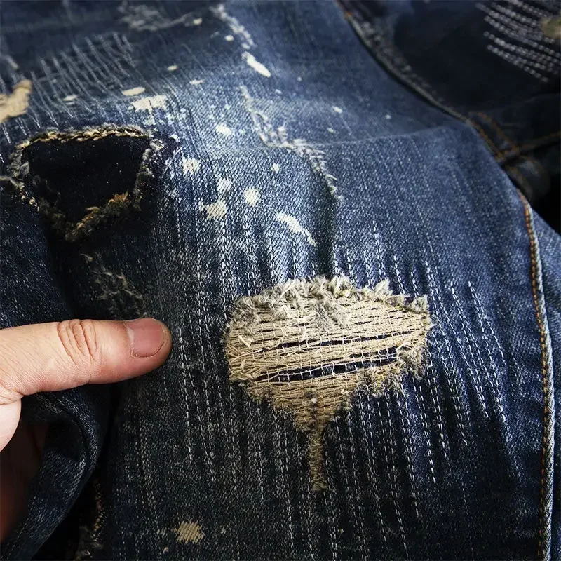 Jeans for Men Stretch Trousers Slim Fit Skinny Ripped Male Cowboy Pants Elastic Patch Broken with Holes Tight Pipe Torn Retro Xs - Image 5