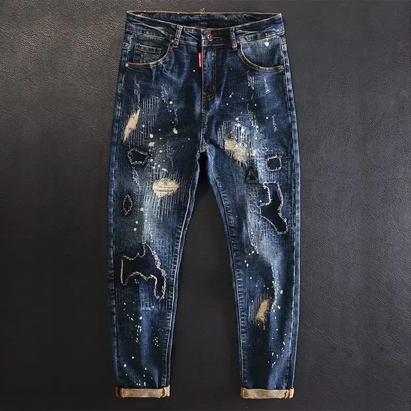 Jeans for Men Stretch Trousers Slim Fit Skinny Ripped Male Cowboy Pants Elastic Patch Broken with Holes Tight Pipe Torn Retro Xs - Image 7