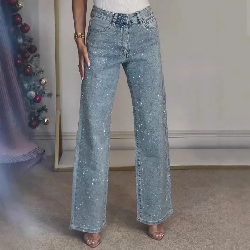 Jeans for Women Straight Diamonds Pants Stretch High Waist Washed Mom Jeans Vintage Denims Streetwear Y2k Streetwear Trousers - Image 3