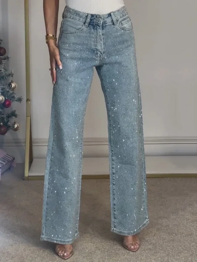 Jeans for Women Straight Diamonds Pants Stretch High Waist Washed Mom Jeans Vintage Denims Streetwear Y2k Streetwear Trousers - Image 4