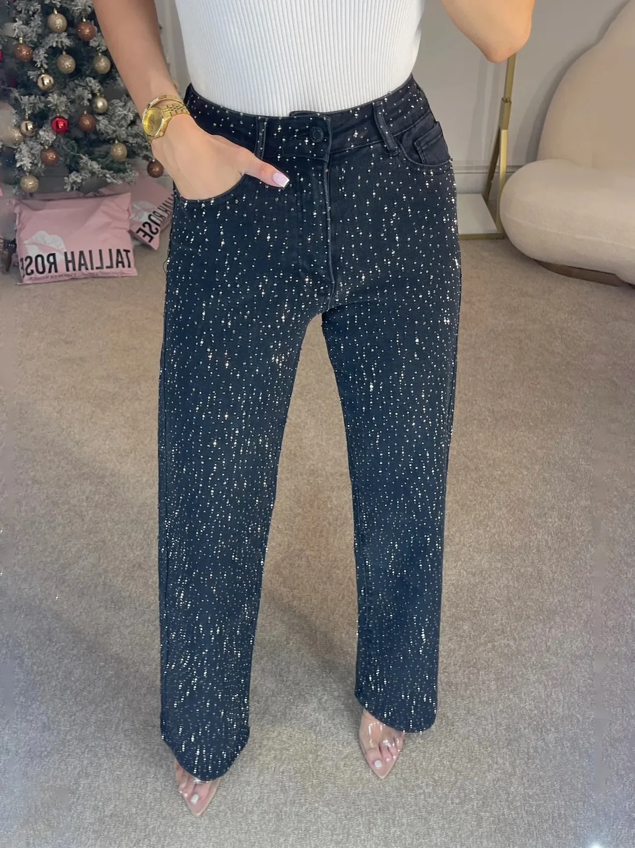 Jeans for Women Straight Diamonds Pants Stretch High Waist Washed Mom Jeans Vintage Denims Streetwear Y2k Streetwear Trousers - Image 6