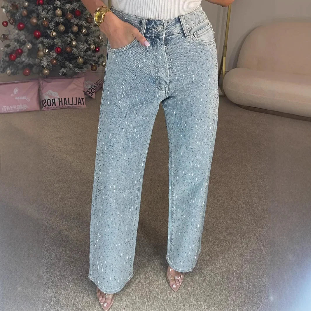 Jeans for Women Straight Diamonds Pants Stretch High Waist Washed Mom Jeans Vintage Denims Streetwear Y2k Streetwear Trousers - Image 7