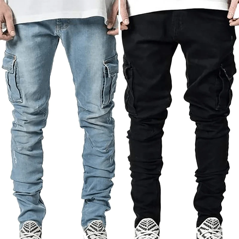 Jeans Men Pants Wash Solid Color Multi Pockets Denim Mid Waist Cargo Jeans Plus Size Fahsion Casual Trousers Male Daily Wear - Image 12