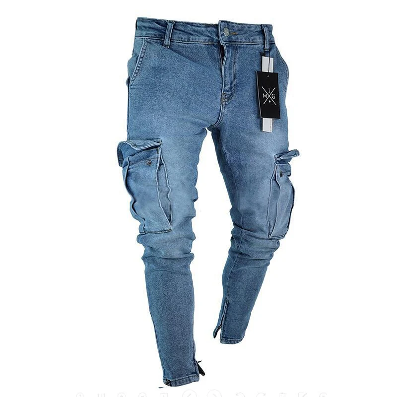 Jeans Men Pants Wash Solid Color Multi Pockets Denim Mid Waist Cargo Jeans Plus Size Fahsion Casual Trousers Male Daily Wear - Image 4