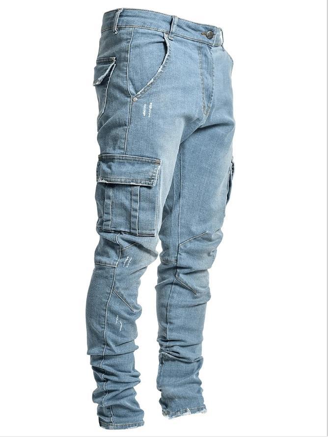 Jeans Men Pants Wash Solid Color Multi Pockets Denim Mid Waist Cargo Jeans Plus Size Fahsion Casual Trousers Male Daily Wear - Image 5