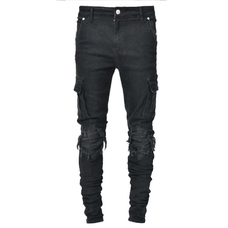Jeans Men Pants Wash Solid Color Multi Pockets Denim Mid Waist Cargo Jeans Plus Size Fahsion Casual Trousers Male Daily Wear - Image 6