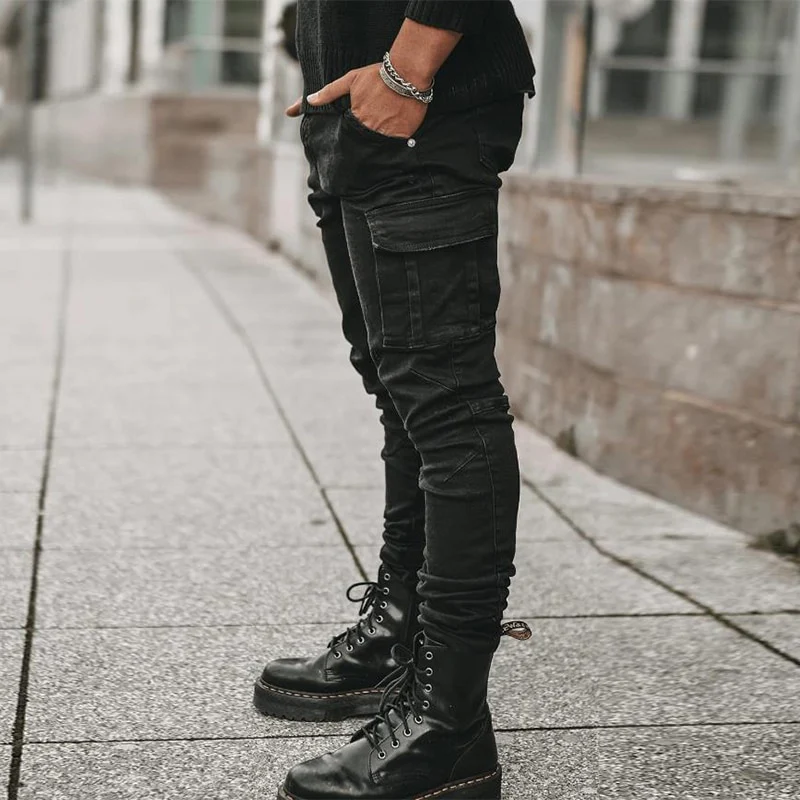 Jeans Men Pants Wash Solid Color Multi Pockets Denim Mid Waist Cargo Jeans Plus Size Fahsion Casual Trousers Male Daily Wear - Image 9