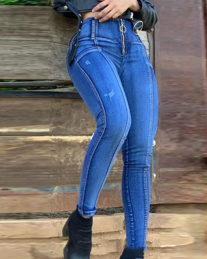 Jeans Women Denim Zipper Fly High Waist Ripped Skinny Plain Pocket Design Daily Long Jeans Autumn 2022 - Image 2