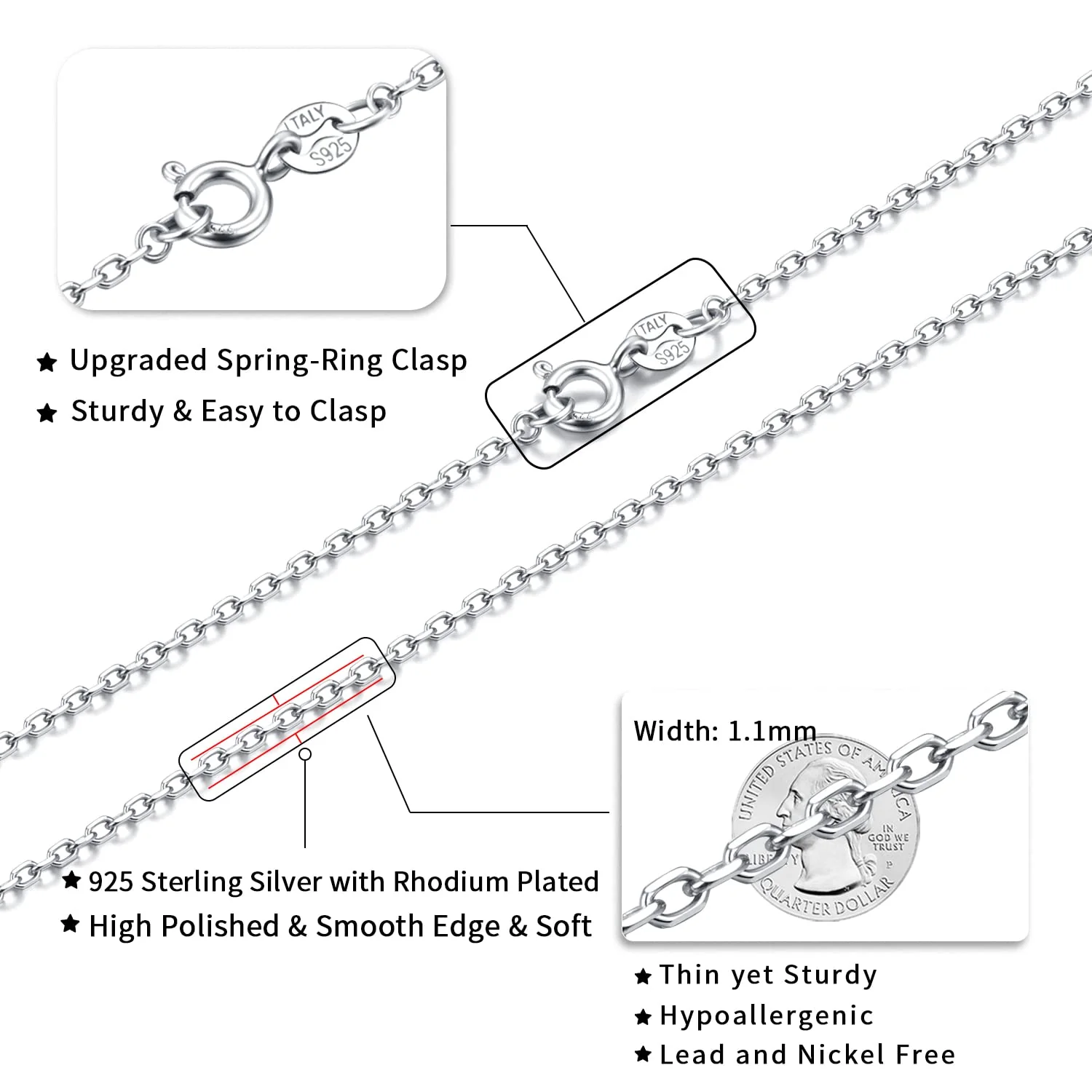 Jewlpire 925 Sterling Silver Chain Necklace Chain for Women Girls 1.1mm Cable Chain Necklace Upgraded Spring-Ring Clasp - Thin & Sturdy - Italian Quality 18 Inch - Image 5