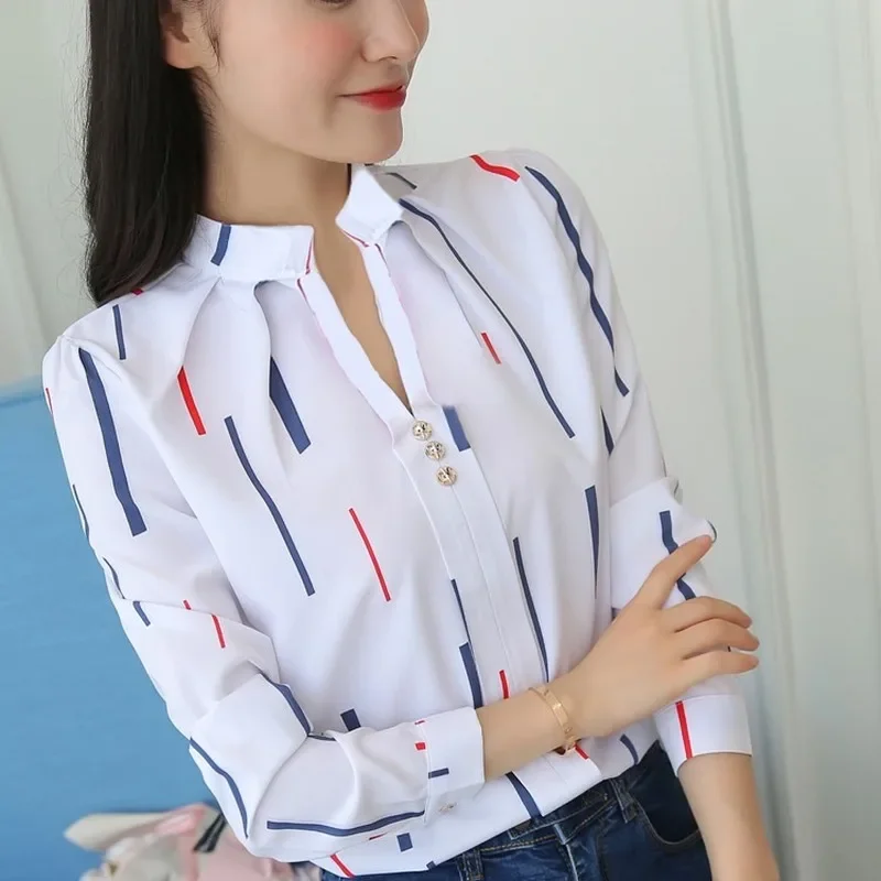 JFUNCY Women White Tops Women's Blouses Fashion Stripe Print Casual Long Sleeve Office Lady Work Shirts Female Slim Blusas - Image 7