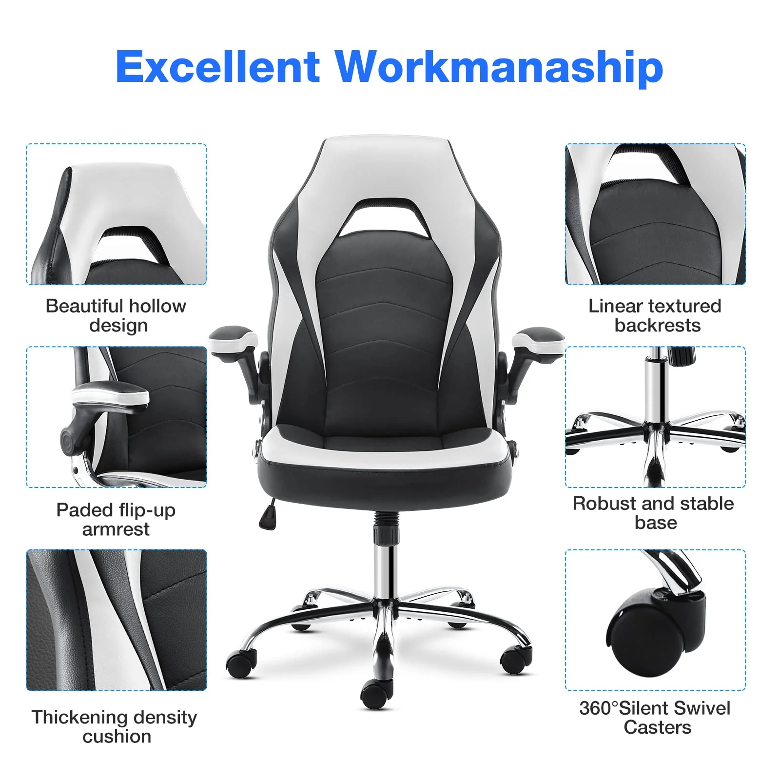 JHK Gaming Computer Office Ergonomic Desk Chair Armrests Neck Pillow and Built-in Lumbar Adjustment, Black and White - Image 6