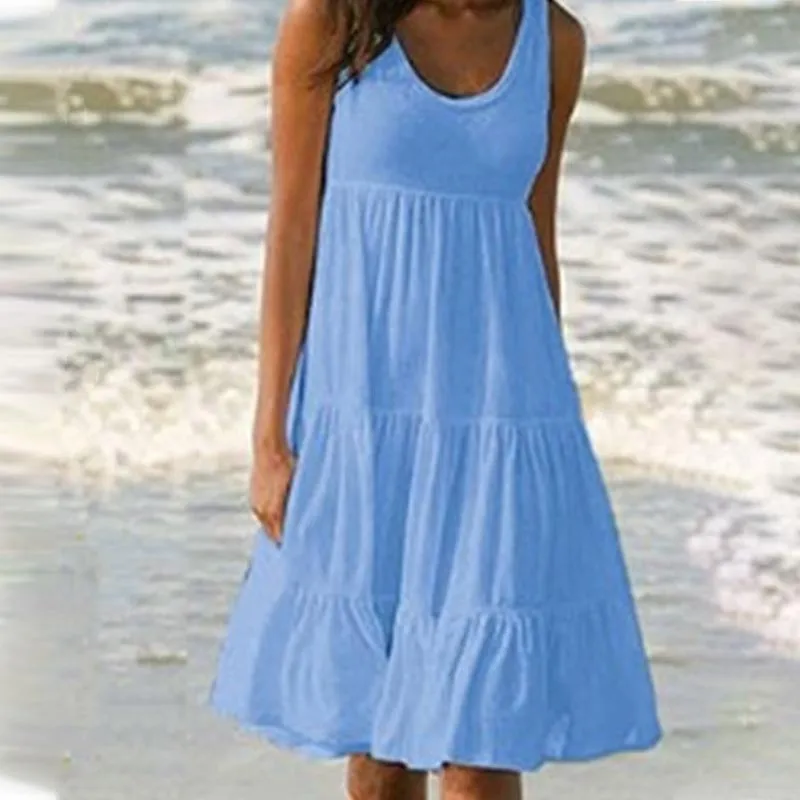 Jocoo Jolee Women Causual O Neck Sleeveless Ruffles Mini Dress Boho Solid Beach Sundress Oversized Loose Dress 2023 Summer - Image 8
