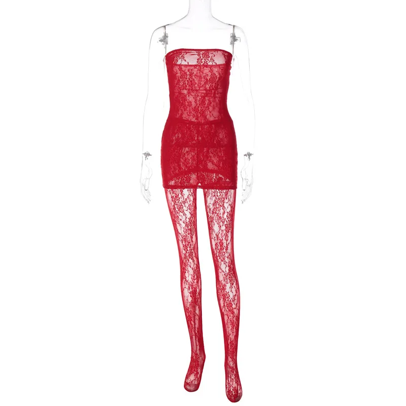 Joskaa Black Red Lace See Through 2 Pcs Set Fashion With Leggings Matching Set 2023 New Summer Club Party Dresses Outfit - Image 8