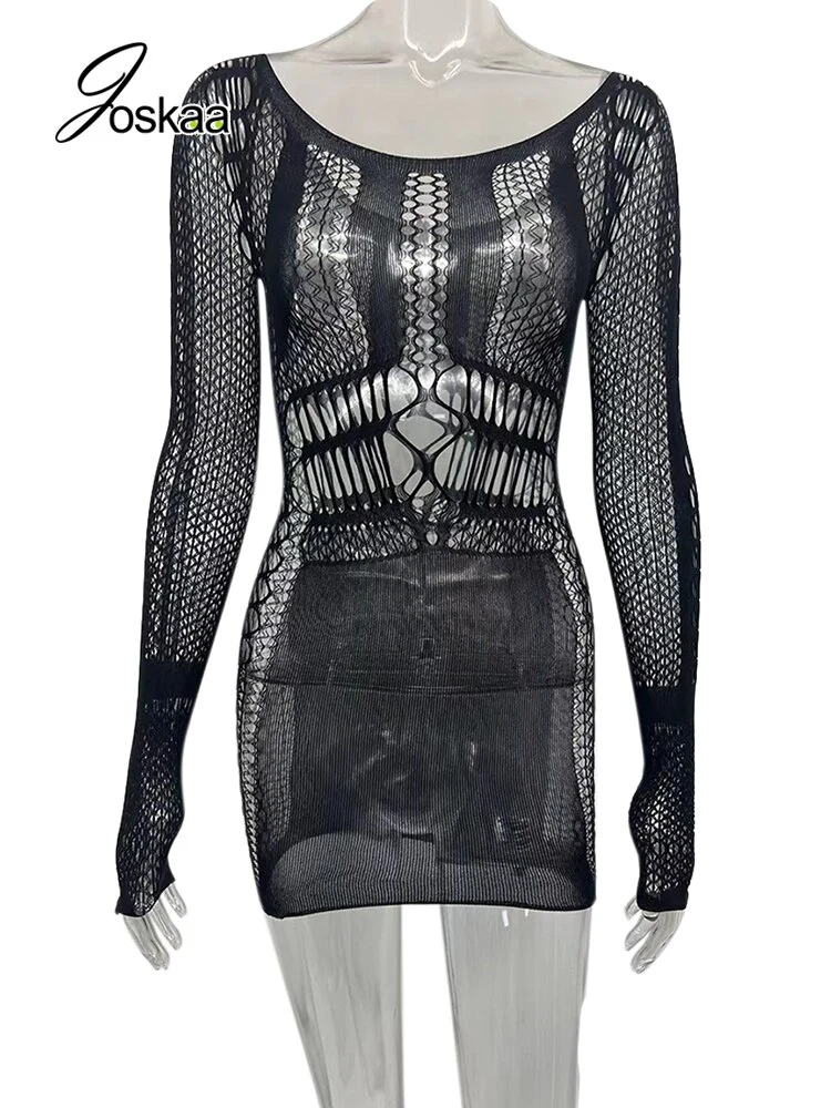 Joskaa Hollow Out Summer Dresses Casual Women 2022 Fashion Beach Strench See Through Sexy Design Underwear Clubwear Dress - Image 10