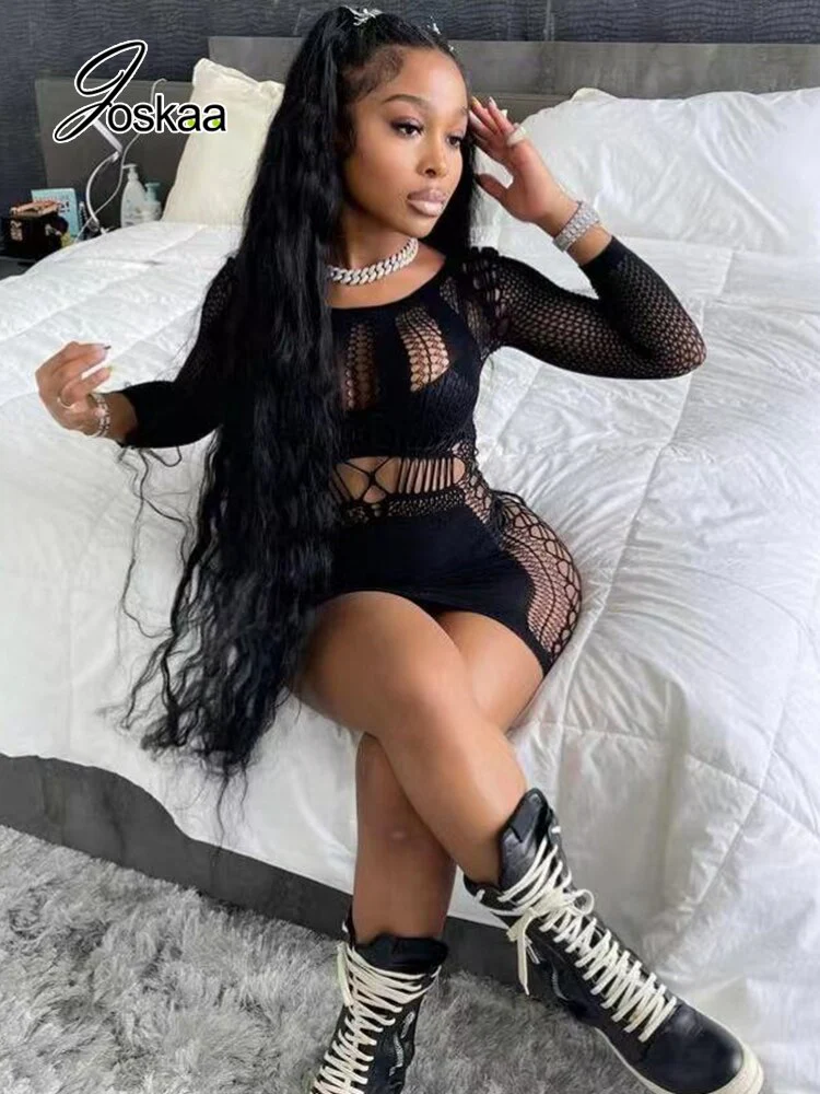 Joskaa Hollow Out Summer Dresses Casual Women 2022 Fashion Beach Strench See Through Sexy Design Underwear Clubwear Dress - Image 11