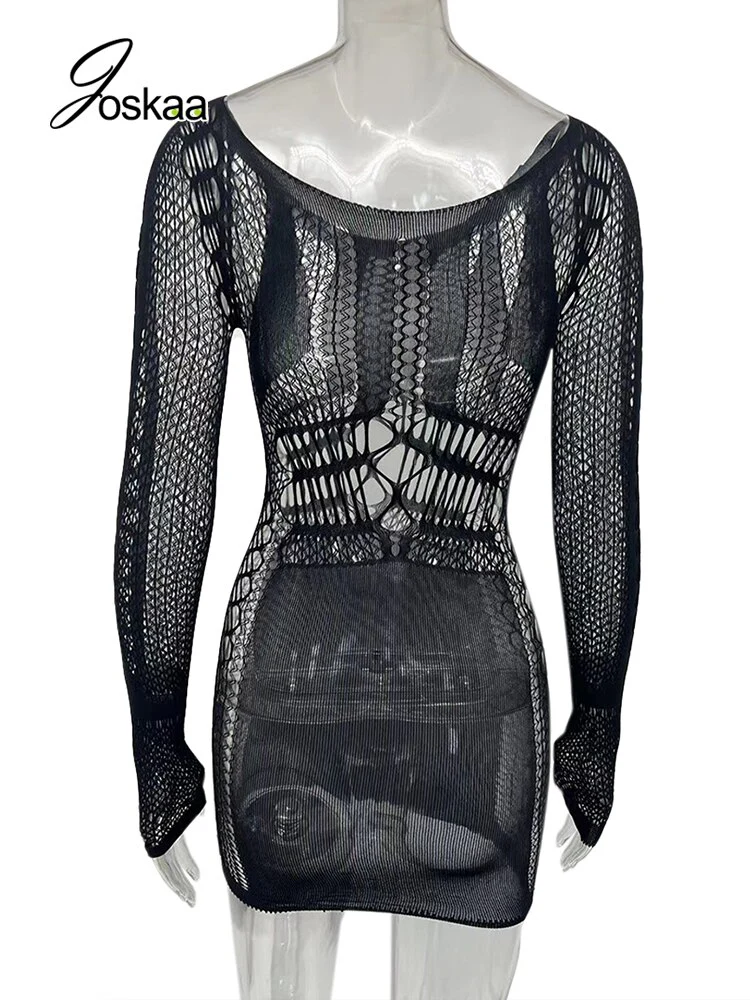Joskaa Hollow Out Summer Dresses Casual Women 2022 Fashion Beach Strench See Through Sexy Design Underwear Clubwear Dress - Image 12