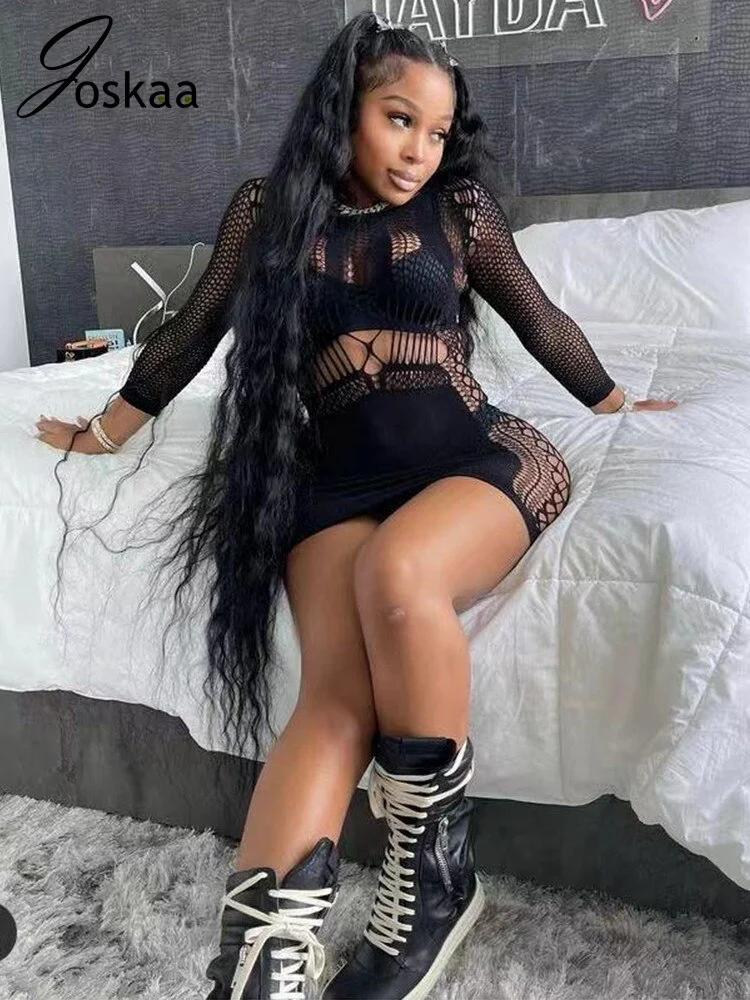 Joskaa Hollow Out Summer Dresses Casual Women 2022 Fashion Beach Strench See Through Sexy Design Underwear Clubwear Dress - Image 13