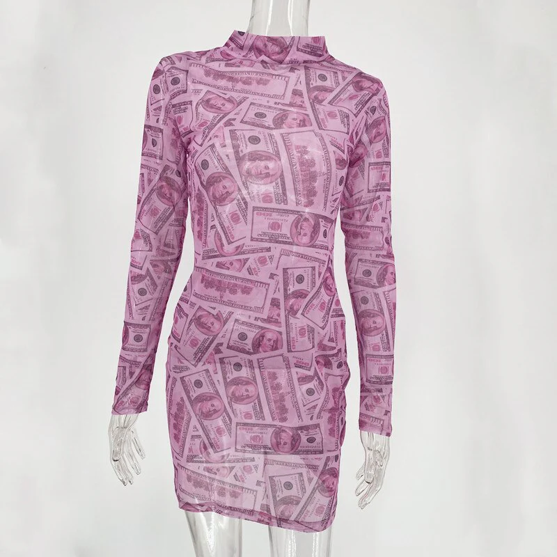 Joskaa Money Graphics Mesh Print Long Sleeve Dresses for Women Street Casual Wear Basic Trend Bodycon Mini Dress Mujer 2020 - Image 2