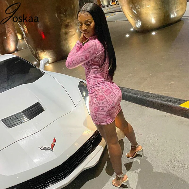Joskaa Money Graphics Mesh Print Long Sleeve Dresses for Women Street Casual Wear Basic Trend Bodycon Mini Dress Mujer 2020 - Image 4