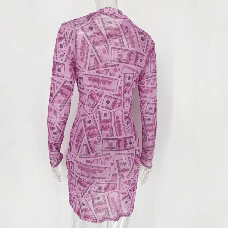 Joskaa Money Graphics Mesh Print Long Sleeve Dresses for Women Street Casual Wear Basic Trend Bodycon Mini Dress Mujer 2020 - Image 5