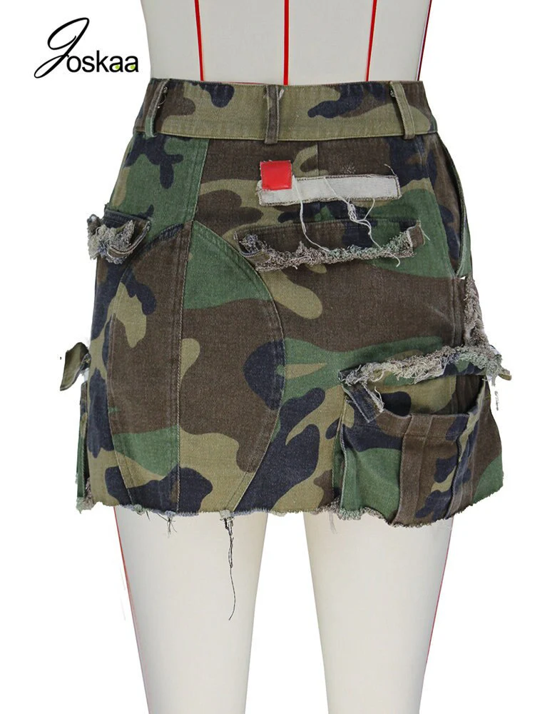 Joskaa Patchwork Camouflage Mini Skirts for Women Clothing Summer 2023 Sexy Single Breasted Slit Hip Skirt High Street Bottoms - Image 8