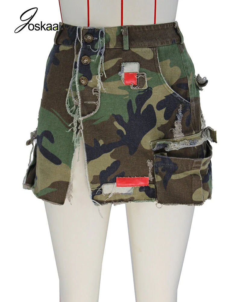 Joskaa Patchwork Camouflage Mini Skirts for Women Clothing Summer 2023 Sexy Single Breasted Slit Hip Skirt High Street Bottoms - Image 9