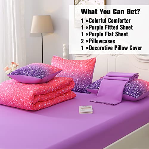 JQinHome Twin Pink Purple Comforter Set, 6 Piece Bed in A Bag 3D Colorful Bedding Set for Girls Kids (1 Comforter,2 Pillowcases,1 Flat Sheet,1 Fitted Sheet,1 Cushion Cover)(Pink Purple) - Image 3