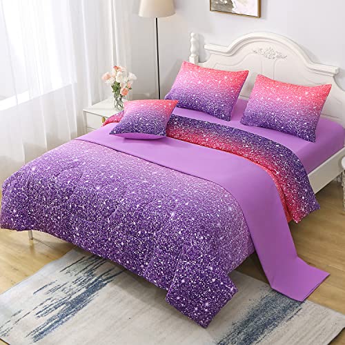JQinHome Twin Pink Purple Comforter Set, 6 Piece Bed in A Bag 3D Colorful Bedding Set for Girls Kids (1 Comforter,2 Pillowcases,1 Flat Sheet,1 Fitted Sheet,1 Cushion Cover)(Pink Purple) - Image 5