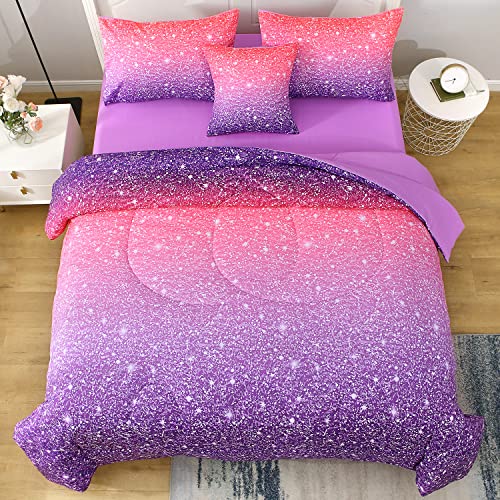 JQinHome Twin Pink Purple Comforter Set, 6 Piece Bed in A Bag 3D Colorful Bedding Set for Girls Kids (1 Comforter,2 Pillowcases,1 Flat Sheet,1 Fitted Sheet,1 Cushion Cover)(Pink Purple) - Image 6