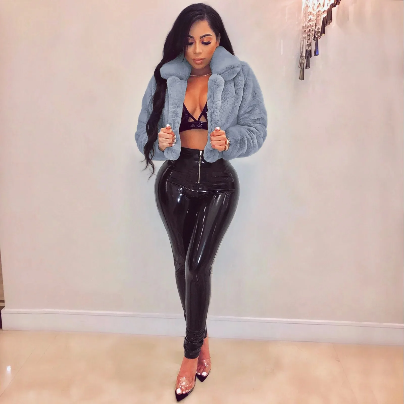 JRRY Casual Women Faux Fur Coats Long Sleeve Furry Cropped Jacket Open Stitch Fluffy Overcoat Plus Size XXL Outdoor Wear - Image 2